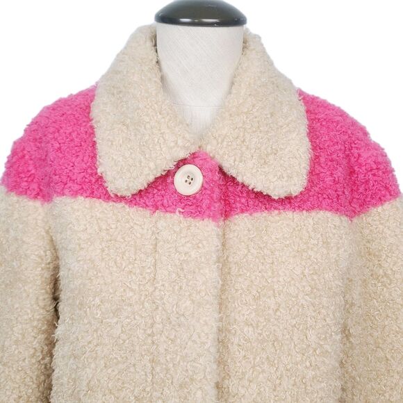 Anthropologie Teddy Coat XS Beige Pink Colorblock Snap Front Faux‎ Fur Jacket - Picture 2 of 10